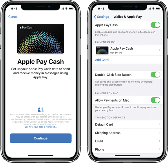 Photos depict a look at setting up Apple Pay Cash on iPhone (left) and enabling Apple Watch support (right).