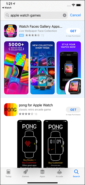 Snapshot of using keywords, such as apple watch games, to find new content for your Apple Watch.