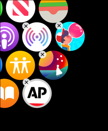 Snapshot of deleting third-party apps from Apple Watch itself. Tap the little X to remove.