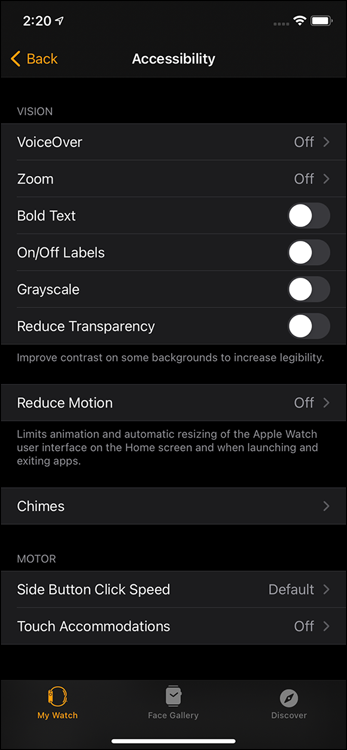 Snapshot of adjusting a number of accessibility options for Apple Watch, as shown in the Apple Watch app for iPhone.