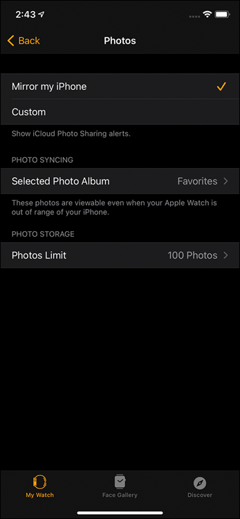 Snapshot of selecting which photos you want synced to Apple Watch.