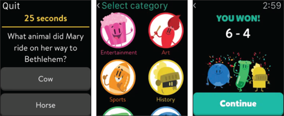 Snapshots of Trivia Crack looks like on Apple Watch’s screen.