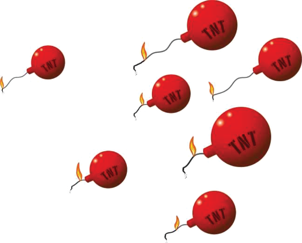 Schematic illustration of seven balloons with TNT written on it.