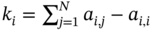 k Subscript i Baseline equals sigma-summation Underscript j equals 1 Overscript upper N Endscripts a Subscript i comma j Baseline minus a Subscript i comma i