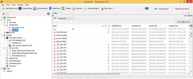 A screenshot of sample of recovery of deleted data from USB using autopsy tool.