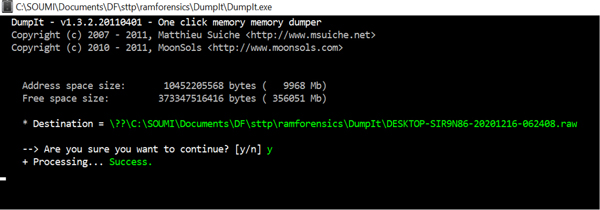 A screenshot of collection of memory dump using dumpit software.