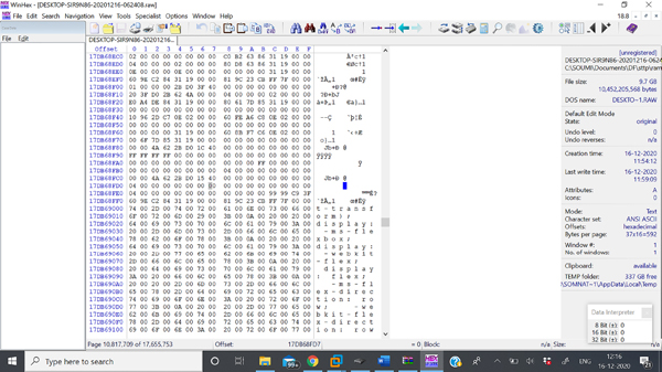 A screenshot of analyzing the memory dump collected Dumpit in WinHex tool.