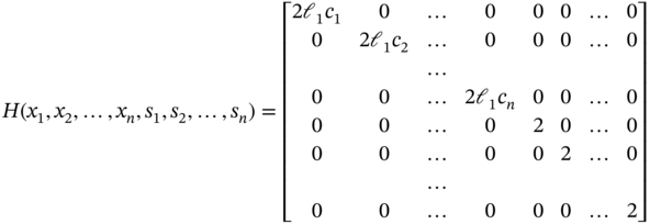 upper H left-parenthesis x 1 comma x 2 comma ellipsis comma x Subscript n Baseline comma s 1 comma s 2 comma ellipsis comma s Subscript n Baseline right-parenthesis equals Start 8 By 8 Matrix 1st Row 1st Column 2 normal script l 1 c 1 2nd Column 0 3rd Column ellipsis 4th Column 0 5th Column 0 6th Column 0 7th Column ellipsis 8th Column 0 2nd Row 1st Column 0 2nd Column 2 normal script l 1 c 2 3rd Column ellipsis 4th Column 0 5th Column 0 6th Column 0 7th Column ellipsis 8th Column 0 3rd Row 1st Column Blank 2nd Column Blank 3rd Column ellipsis 4th Column Blank 5th Column Blank 6th Column Blank 7th Column Blank 8th Column Blank 4th Row 1st Column 0 2nd Column 0 3rd Column ellipsis 4th Column 2 normal script l 1 c Subscript n Baseline 5th Column 0 6th Column 0 7th Column ellipsis 8th Column 0 5th Row 1st Column 0 2nd Column 0 3rd Column ellipsis 4th Column 0 5th Column 2 6th Column 0 7th Column ellipsis 8th Column 0 6th Row 1st Column 0 2nd Column 0 3rd Column ellipsis 4th Column 0 5th Column 0 6th Column 2 7th Column ellipsis 8th Column 0 7th Row 1st Column Blank 2nd Column Blank 3rd Column ellipsis 4th Column Blank 5th Column Blank 6th Column Blank 7th Column Blank 8th Column Blank 8th Row 1st Column 0 2nd Column 0 3rd Column ellipsis 4th Column 0 5th Column 0 6th Column 0 7th Column ellipsis 8th Column 2 EndMatrix