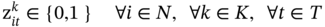 normal z Subscript italic i t Superscript k Baseline element-of StartSet 0 comma 1 EndSet for-all i element-of upper N comma for-all k element-of upper K comma for-all t element-of upper T