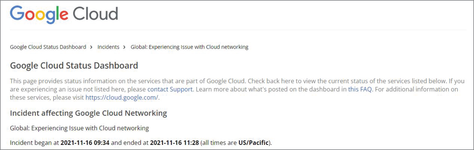 Snapshot of Google Cloud Status Dashboard