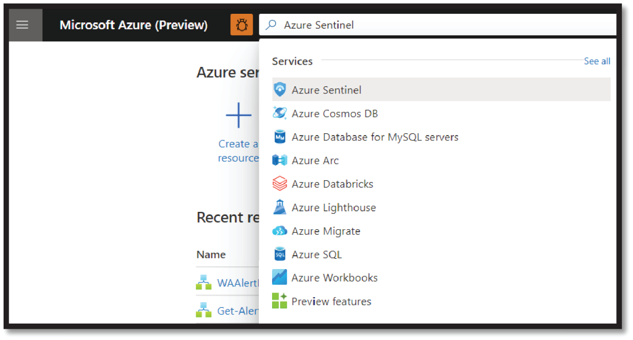 Snapshot of Azure Sentinel search