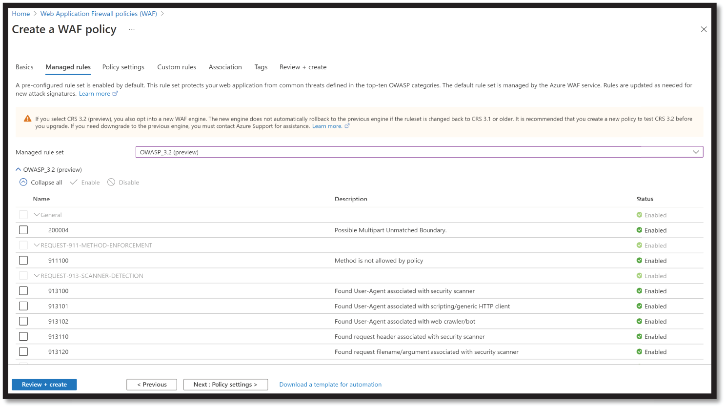 Snapshot of Create WAF Rule Set