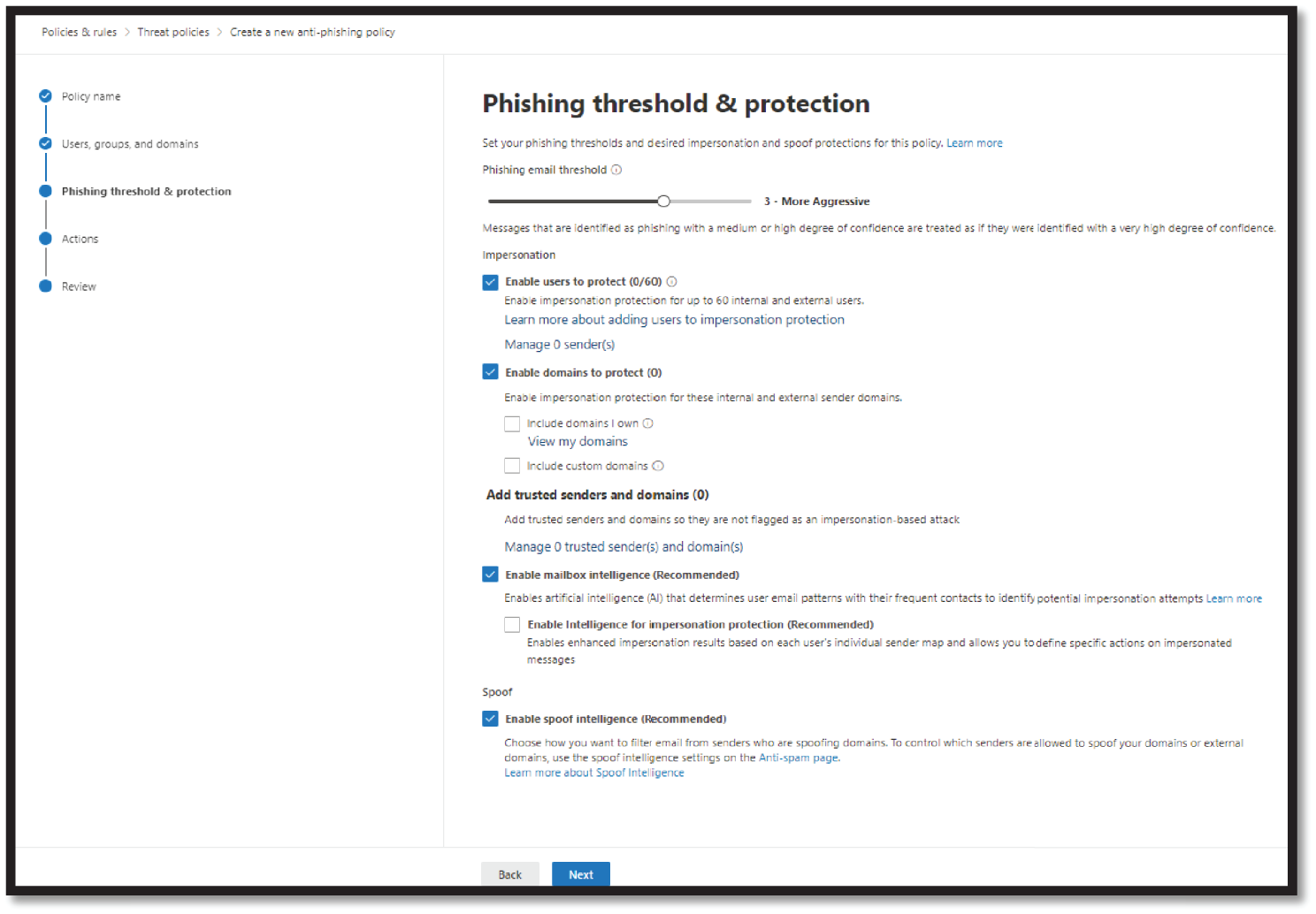 Snapshot of Set the phishing threshold and other settings