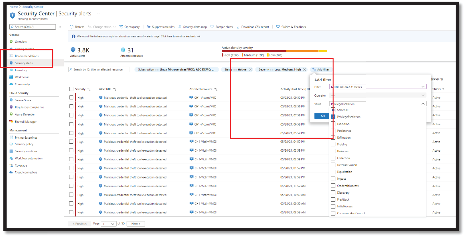 Snapshot of Security Alert and Filter in ASC