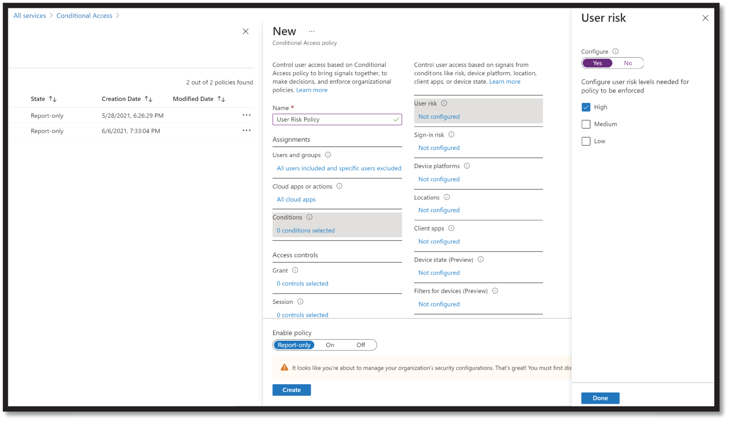 Snapshot of User risk policy