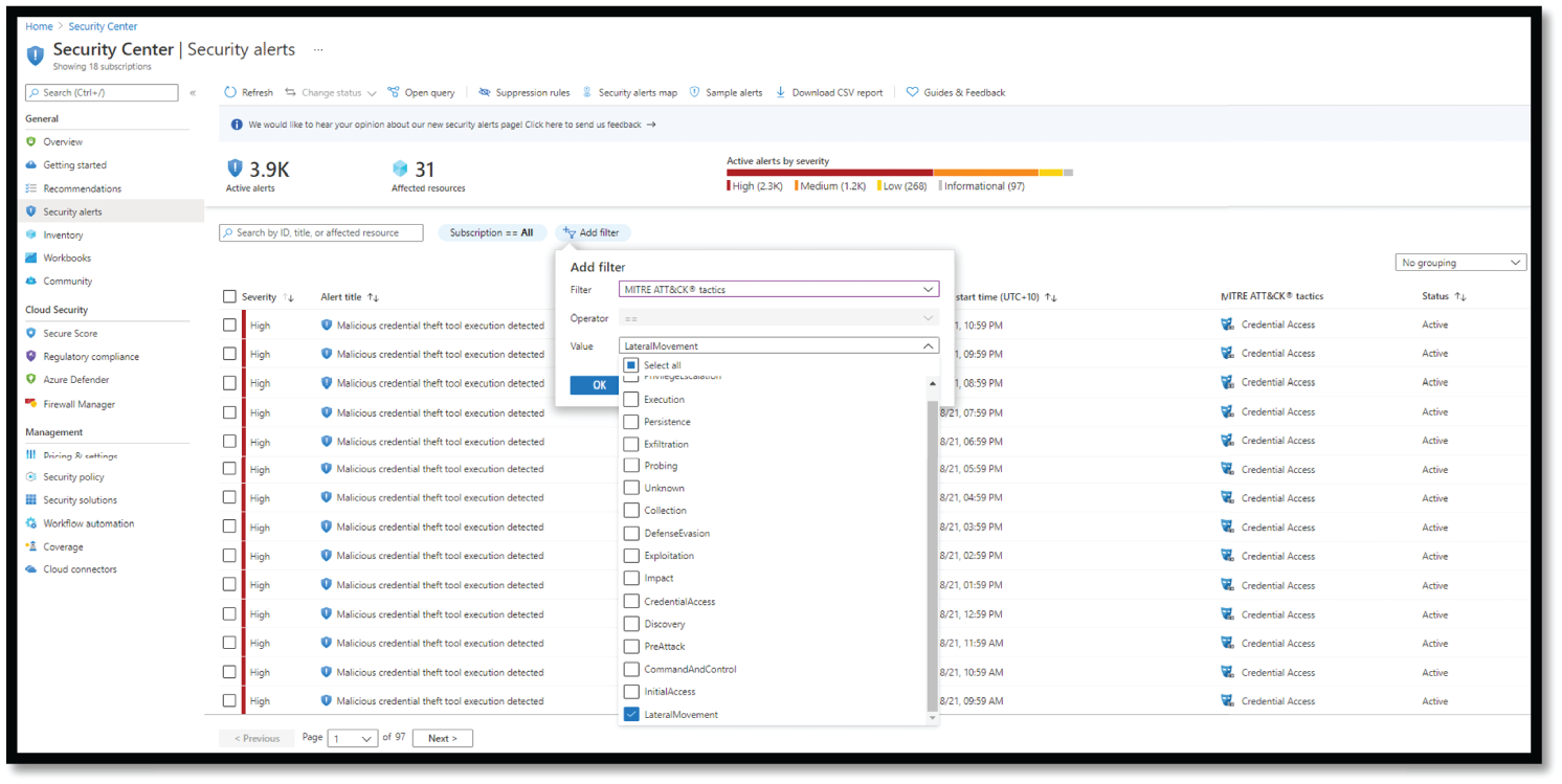 Snapshot of Selecting and detecting Lateral Movement alerts in ASC