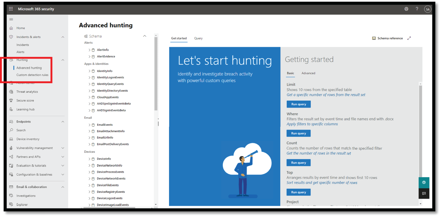 Snapshot of Microsoft 365 Security Advanced Hunting option