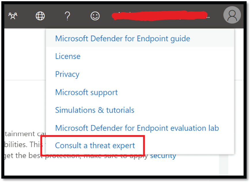 Snapshot of Consult a Threat Expert option under support menu