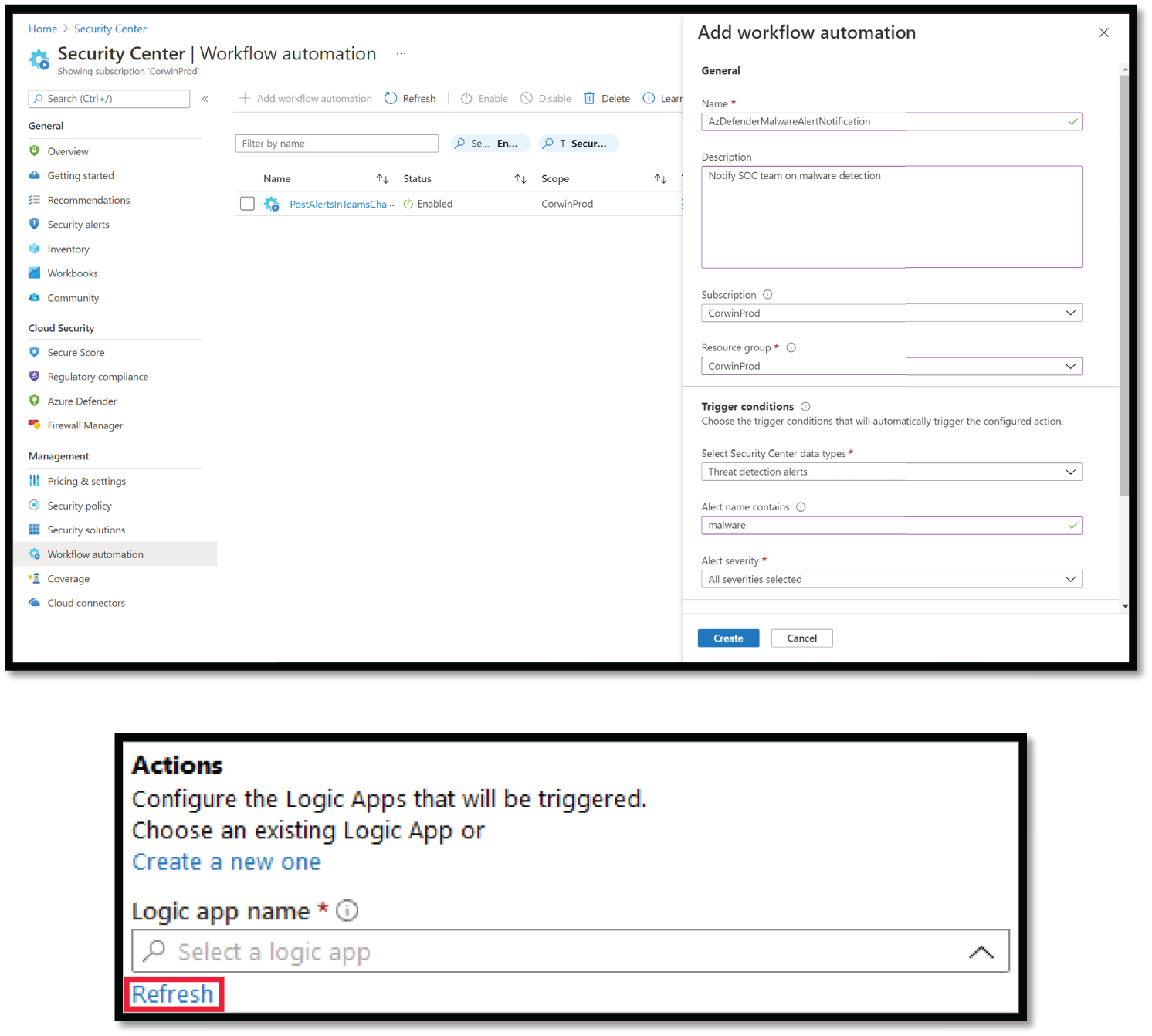 Snapshot of adding workflow automation in ASC