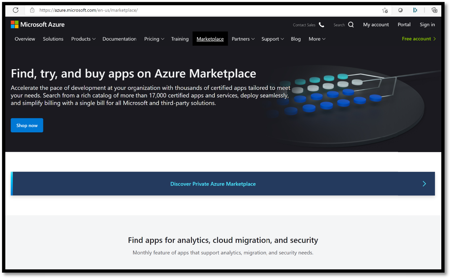 Snapshot of Azure Marketplace portal