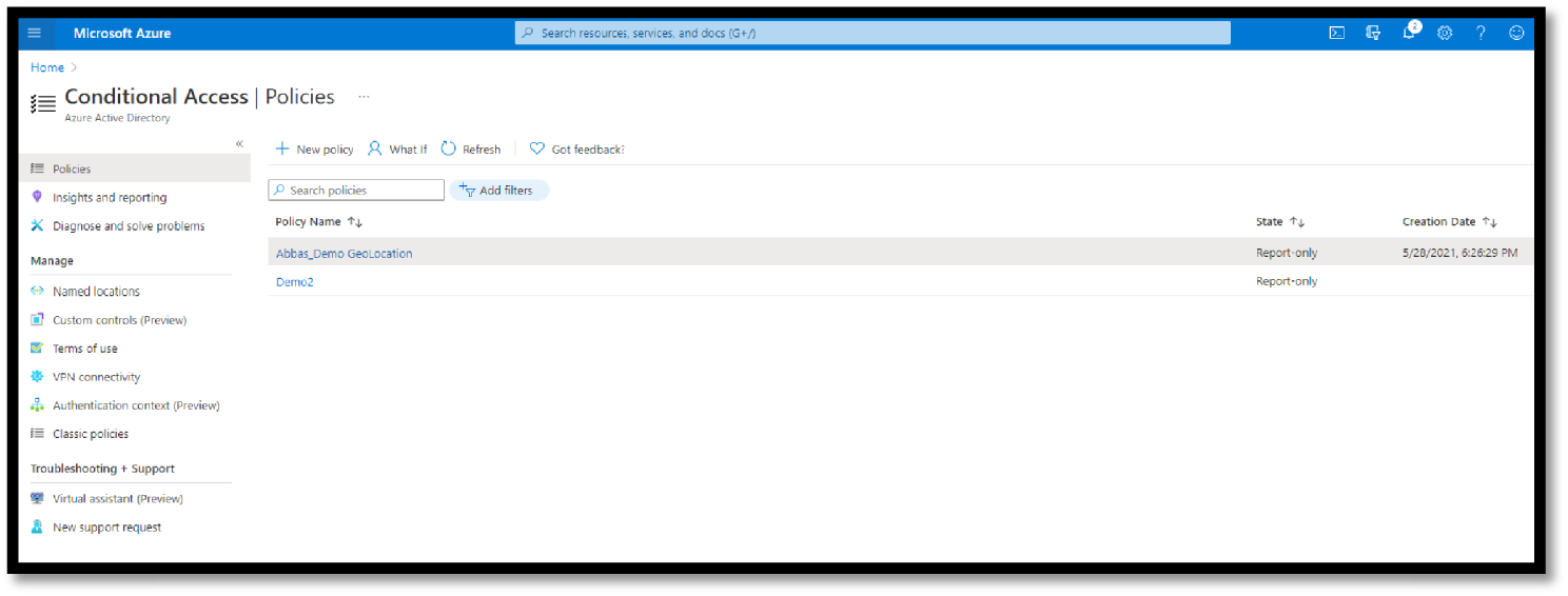 Snapshot of Azure Conditional Access Policies example