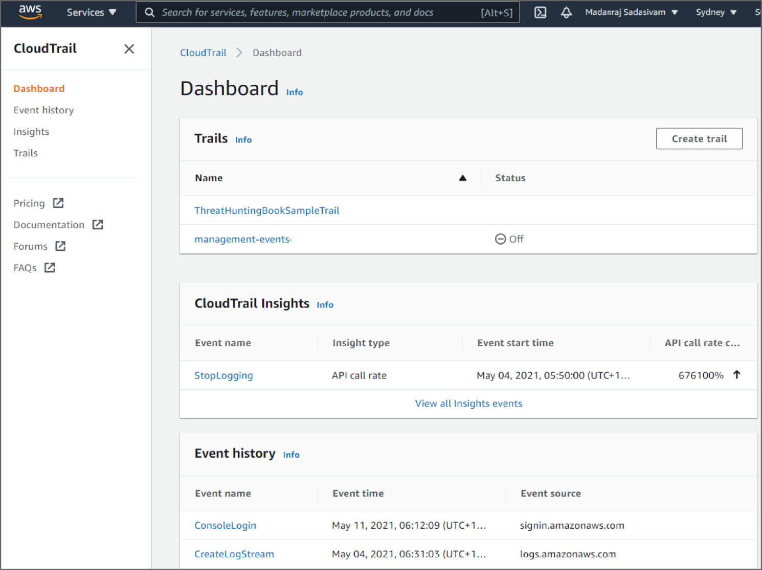 Snapshot of the CloudTrail console dashboard page