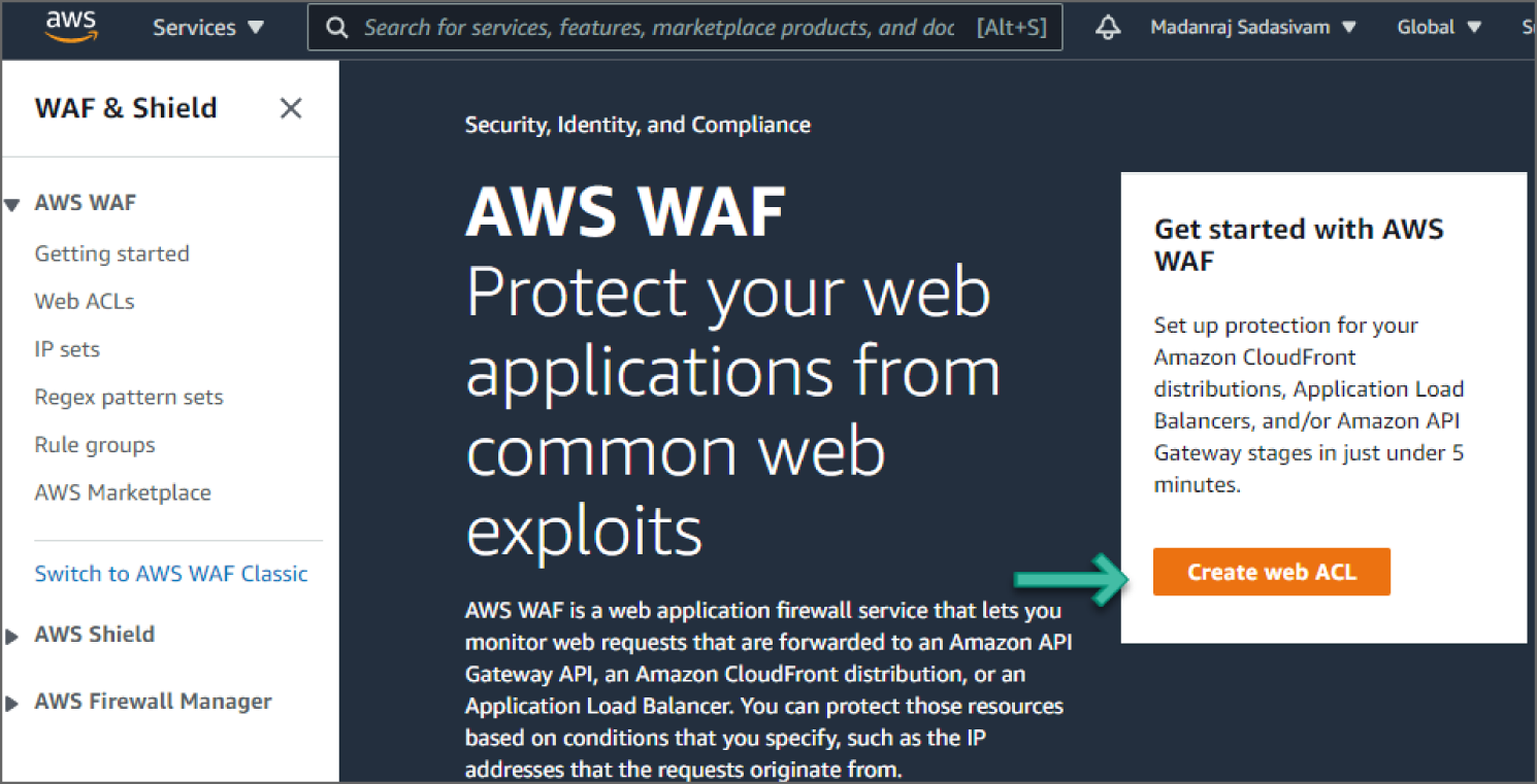 Snapshot of AWS WAF screen