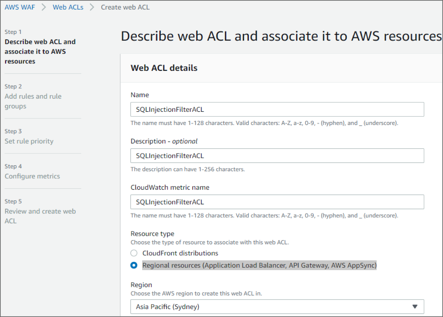 Snapshot of Describe Web ACL screen