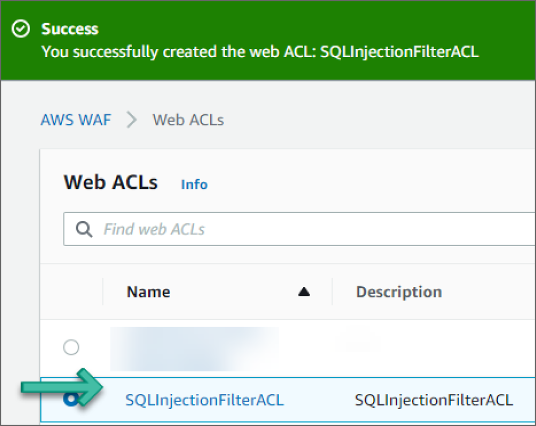 Snapshot of Confirmation of Web ACL Creation screen