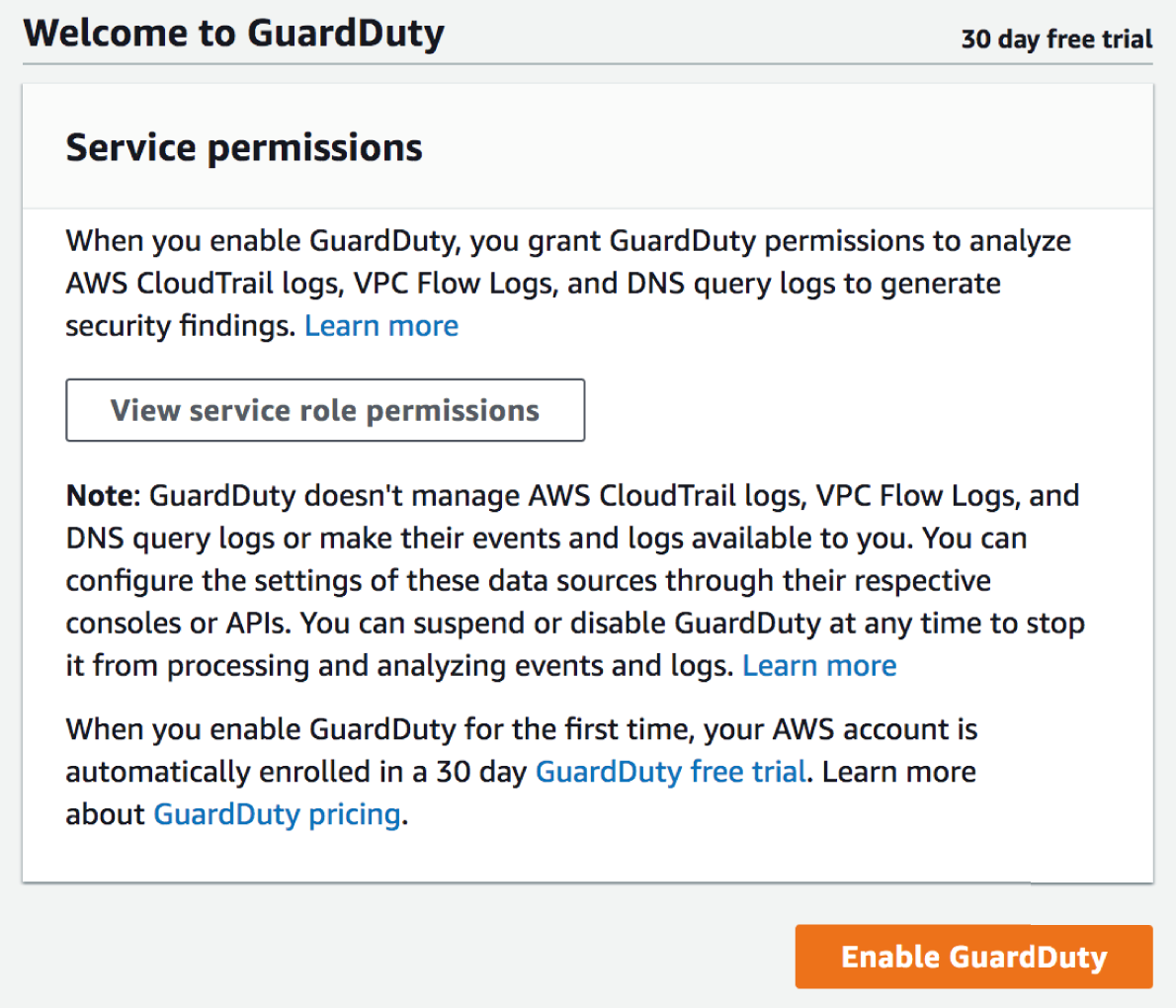 Snapshot of GuardDuty Welcome screen
