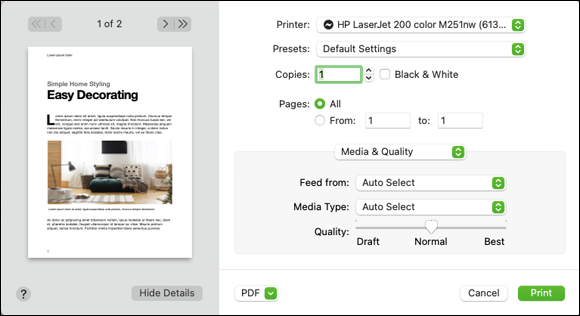 Snapshot shows the print sheet.