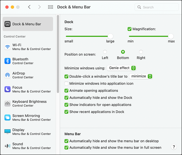 Snapshot shows customizing the dock and menu bar.