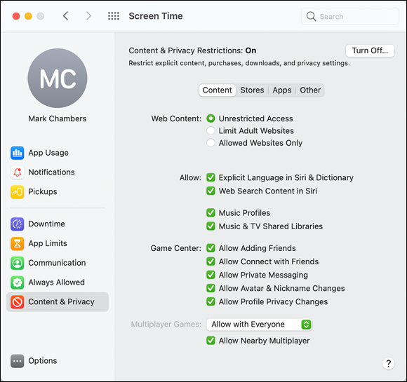 Snapshot shows Big Sur keeps track of content to protect your kids.