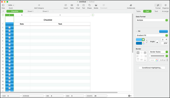 Snapshot shows adding shading and colors to cells, rows, and columns is easy in Numbers.