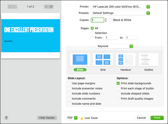 Snapshot shows keynote offers a wide range of printing options for your slides and notes.