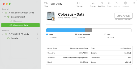 Snapshot shows the physician of drives: the Big Sur Disk Utility.