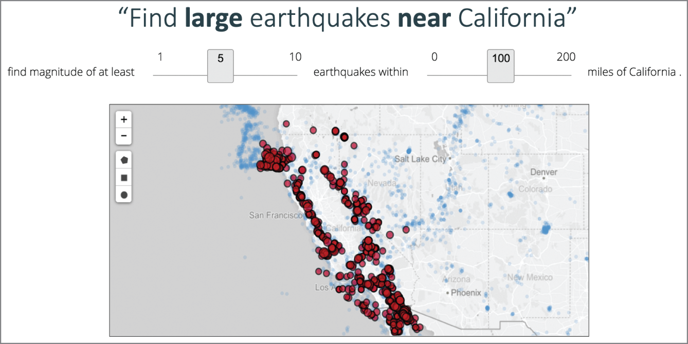 Schematic illustration of Eviza's interface shows a map of earthquake data in the United States.