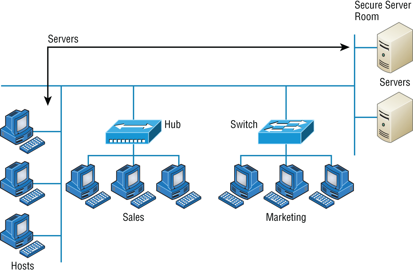 Schematic illustration of a network populated with servers and workstations