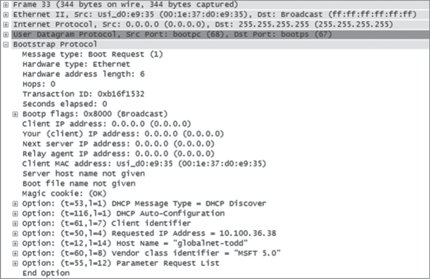 Snapshot of DHCP client request to a DHCP server