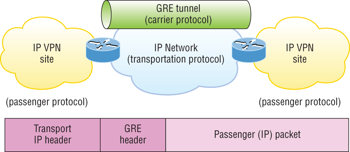 Schematic illustration of generic Routing Encapsulation (GRE) tunnel structure