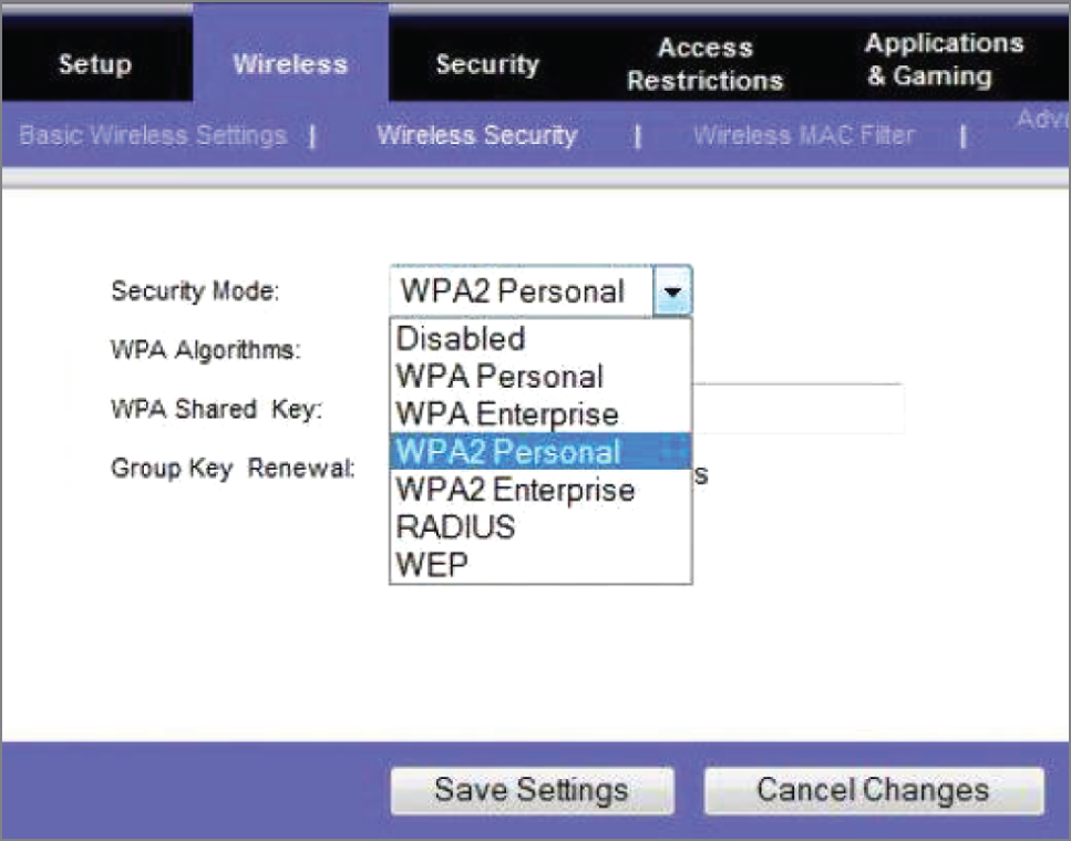 Snapshot of clicking the Wireless Security tab.