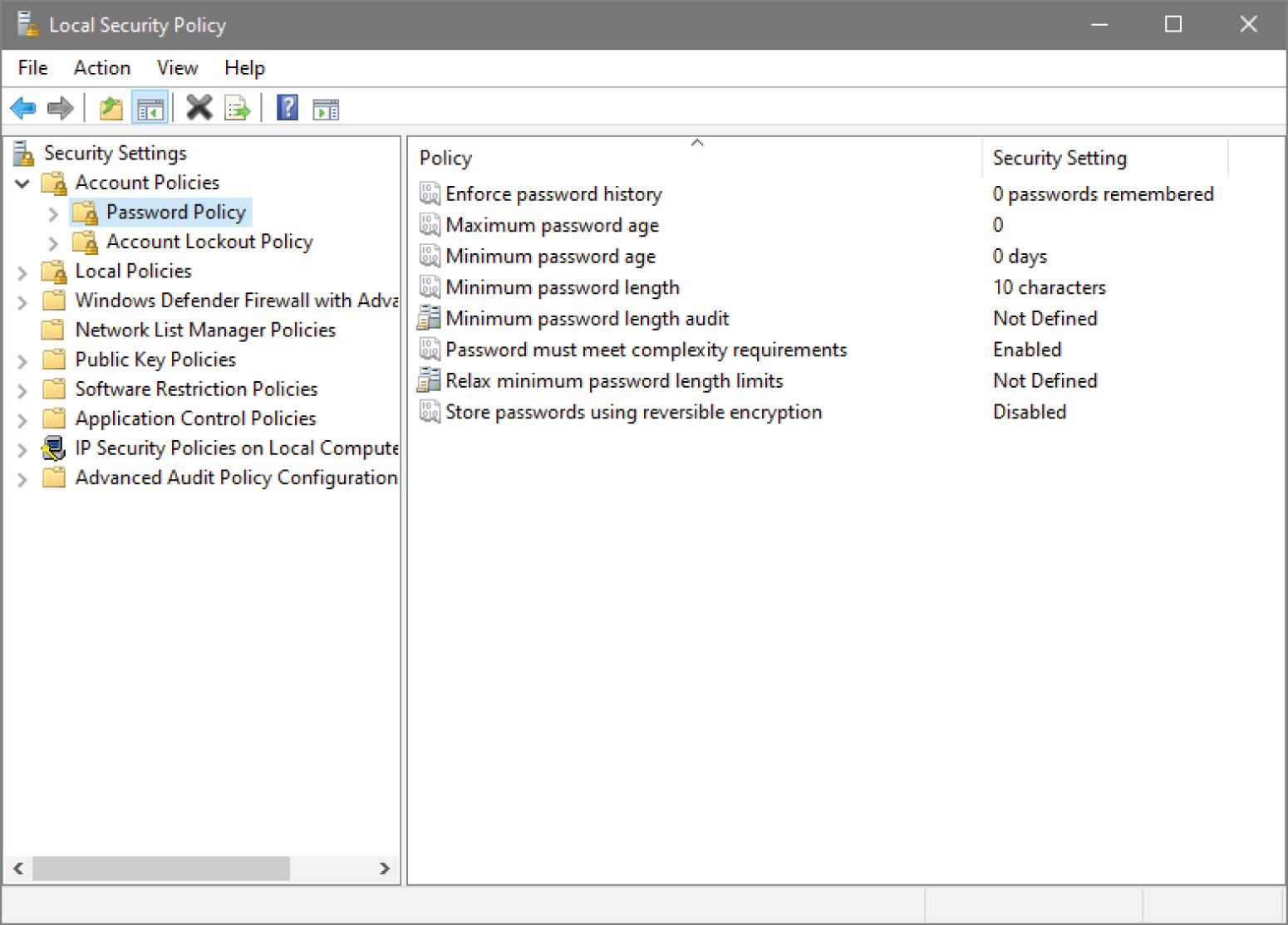 Schematic illustration of password Policy settings