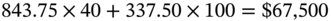 843.75 times 40 plus 337.50 times 100 equals dollar-sign 67 comma 500