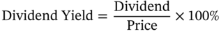 Dividend Yield equals StartFraction Dividend Over Price EndFraction times 100 percent-sign