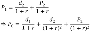 StartLayout 1st Row 1st Column upper P 1 2nd Column equals StartFraction d 2 Over 1 plus r EndFraction plus StartFraction upper P 2 Over 1 plus r EndFraction 2nd Row 1st Column Blank 2nd Column right double arrow upper P 0 equals StartFraction d 1 Over 1 plus r EndFraction plus StartFraction d 2 Over left-parenthesis 1 plus r right-parenthesis squared EndFraction plus StartFraction upper P 2 Over left-parenthesis 1 plus r right-parenthesis squared EndFraction EndLayout