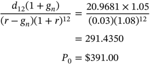 StartLayout 1st Row 1st Column StartFraction d 12 left-parenthesis 1 plus g Subscript n Baseline right-parenthesis Over left-parenthesis r minus g Subscript n Baseline right-parenthesis left-parenthesis 1 plus r right-parenthesis Superscript 12 Baseline EndFraction 2nd Column equals StartFraction 20.9681 times 1.05 Over left-parenthesis 0.03 right-parenthesis left-parenthesis 1.08 right-parenthesis Superscript 12 Baseline EndFraction 2nd Row 1st Column Blank 2nd Column equals 291.4350 3rd Row 1st Column upper P 0 2nd Column equals dollar-sign 391.00 EndLayout