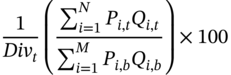 StartFraction 1 Over italic upper D i v Subscript t Baseline EndFraction left-parenthesis StartFraction sigma-summation Underscript i equals 1 Overscript upper N Endscripts upper P Subscript i comma t Baseline upper Q Subscript i comma t Baseline Over sigma-summation Underscript i equals 1 Overscript upper M Endscripts upper P Subscript i comma b Baseline upper Q Subscript i comma b Baseline EndFraction right-parenthesis times 100