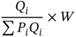 StartFraction upper Q Subscript i Baseline Over sigma-summation upper P Subscript i Baseline upper Q Subscript i Baseline EndFraction times upper W