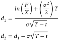 StartLayout 1st Row 1st Column d 1 2nd Column equals StartStartFraction ln left-parenthesis StartFraction upper F Over upper X EndFraction right-parenthesis plus left-parenthesis StartFraction sigma squared Over 2 EndFraction right-parenthesis upper T OverOver sigma StartRoot upper T minus t EndRoot EndEndFraction 2nd Row 1st Column d 2 2nd Column equals d 1 minus sigma StartRoot upper T minus t EndRoot EndLayout