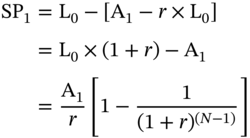 StartLayout 1st Row 1st Column upper S upper P 1 2nd Column equals normal upper L 0 minus left-bracket normal upper A 1 minus r times normal upper L 0 right-bracket 2nd Row 1st Column Blank 2nd Column equals normal upper L 0 times left-parenthesis 1 plus r right-parenthesis minus normal upper A 1 3rd Row 1st Column Blank 2nd Column equals StartFraction normal upper A 1 Over r EndFraction left-bracket 1 minus StartFraction 1 Over left-parenthesis 1 plus r right-parenthesis Superscript left-parenthesis upper N minus 1 right-parenthesis Baseline EndFraction right-bracket EndLayout